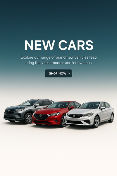A clean, minimalist presentation of three different car models against a neutral gradient backdrop with a clear call to action.