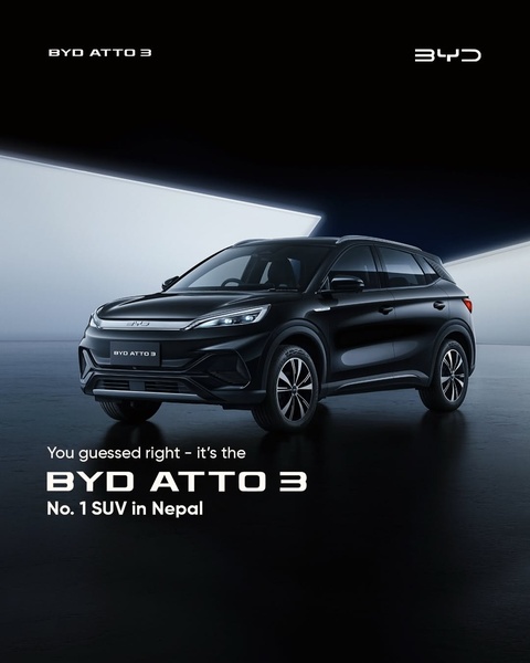 A high-contrast studio shot of the BYD Atto 3, featuring a bold claim about its market position as the No. 1 SUV in Nepal.