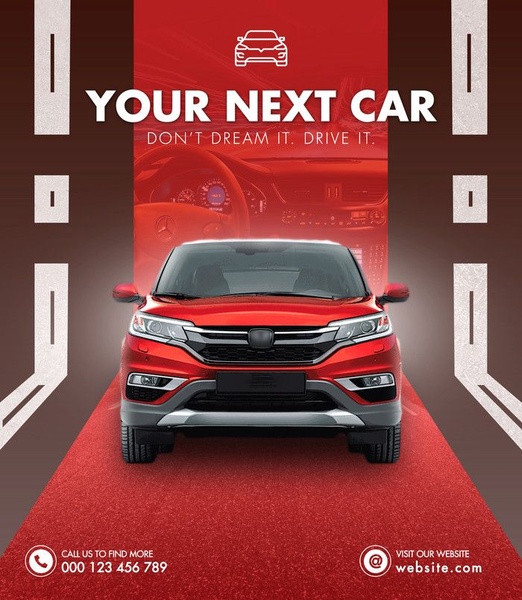 This ad creative uses a high-contrast red carpet and luxury vehicle imagery to transition the viewer from dreaming about a car to driving it.