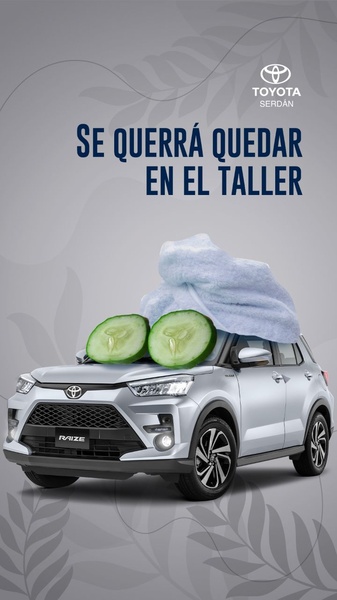 A clever ad visual featuring a car with cucumber slices on its headlights and a towel on its roof to suggest a spa-like service experience.
