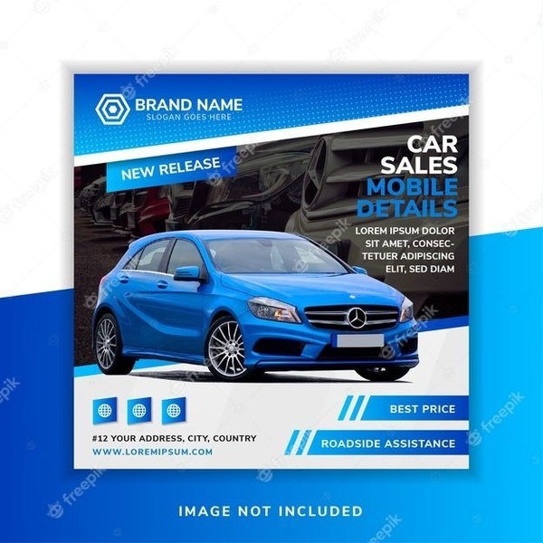 A structured square ad creative featuring a clean blue color scheme, dedicated space for vehicle imagery, and clear sections for sales benefits.