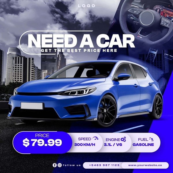 A direct sales-driven ad for a sedan that highlights the price, speed, and fuel efficiency in a clear, formatted layout.