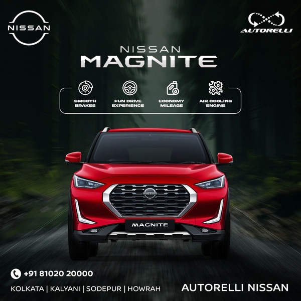 A clean, studio-lit front-facing shot of the Nissan Magnite, showcasing four key vehicle benefits with icon-based callouts on a dark, moody background.
