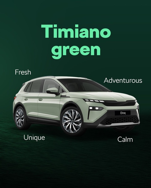 A clean, minimalist product spotlight for an electric SUV, using four lifestyle keywords to anchor the brand identity against a moody green background.