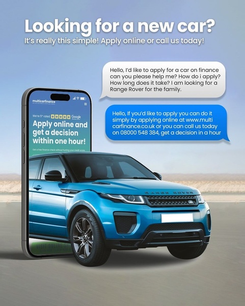 A 4:5 ratio ad showing a smartphone screen with an SMS-style dialogue between a potential customer and a car finance service.