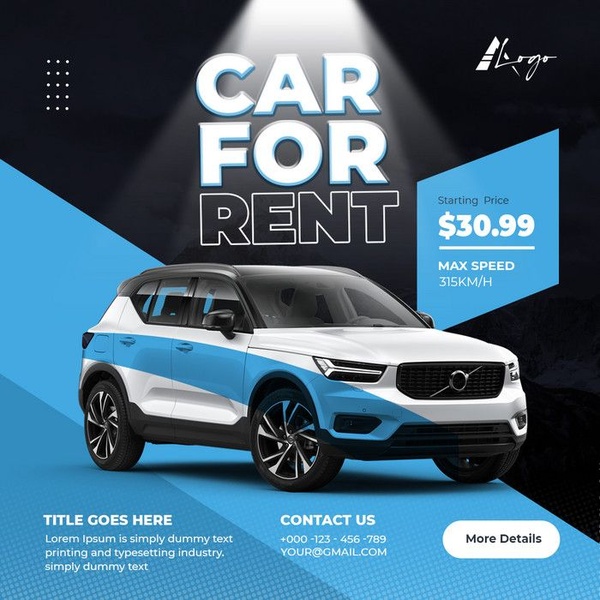 A square promotional ad featuring a car rental offer with clear pricing and performance specifications.