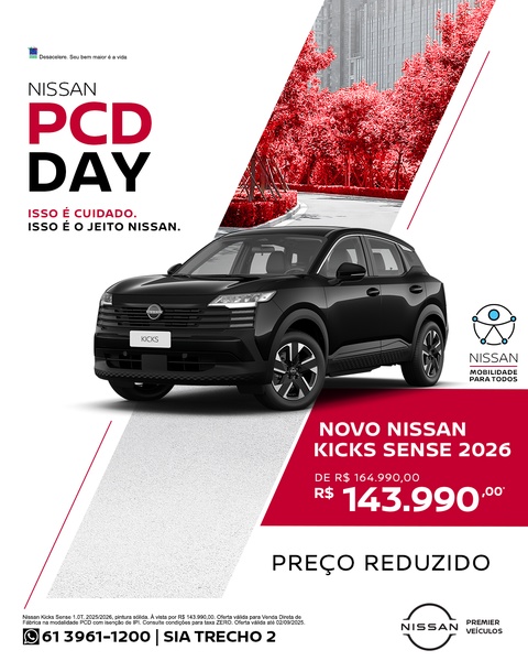 A clean, high-contrast ad featuring a 2026 Nissan Kicks with a prominent price reduction offer for the PCD target audience.