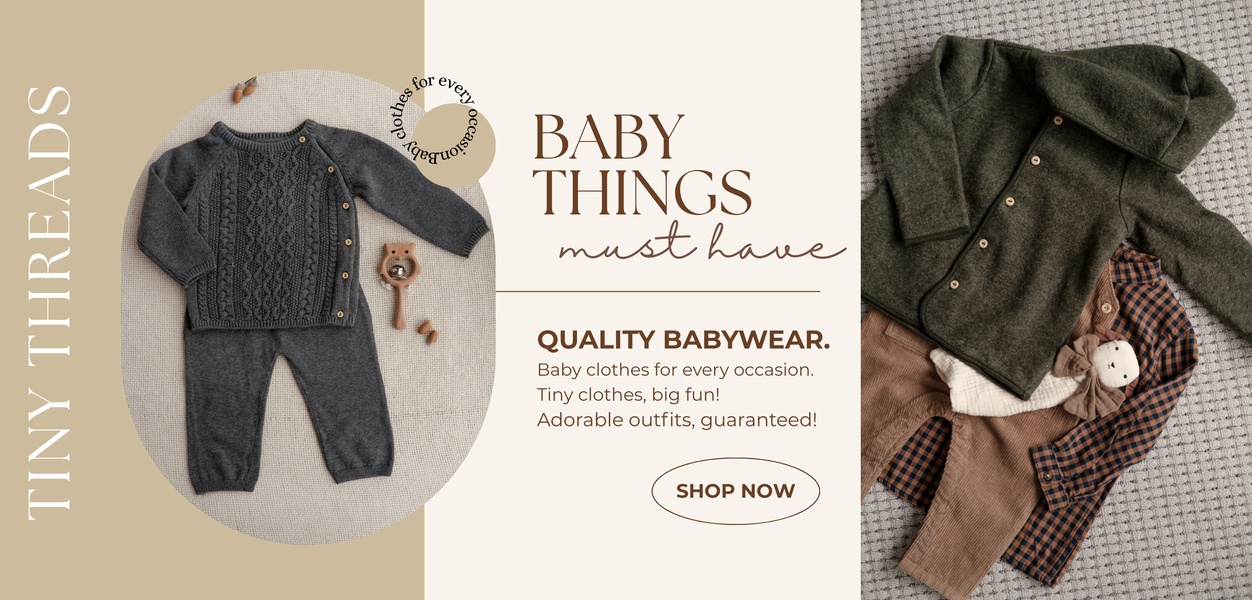 baby clothes, infant clothing, baby outfits, toddler clothes, baby wear, newborn clothes, baby garments, brand awareness, new arrival, flat lay, minimalist, warm, trustworthy, neutral, brown