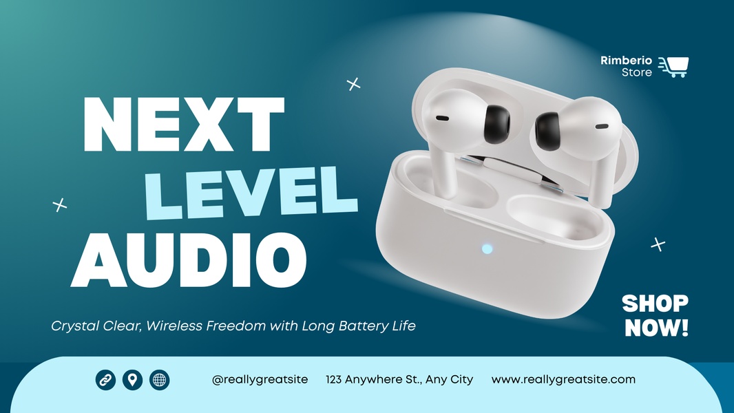 A clean, blue-toned 16:9 ad featuring wireless earbuds with clear value propositions for sound quality and battery life.