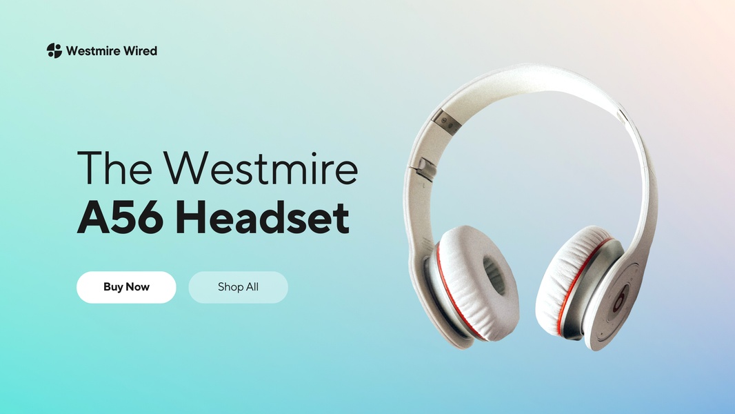 A clean, high-contrast product advertisement for the Westmire A56 headset using a soft gradient background to emphasize the device design.