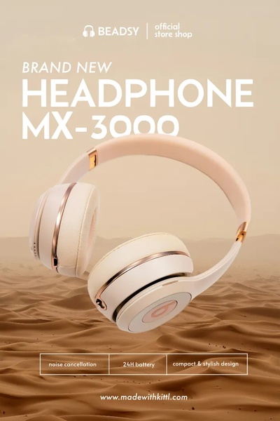 A high-end, minimalist product advertisement featuring wireless headphones set against a serene desert landscape to emphasize style and clarity.
