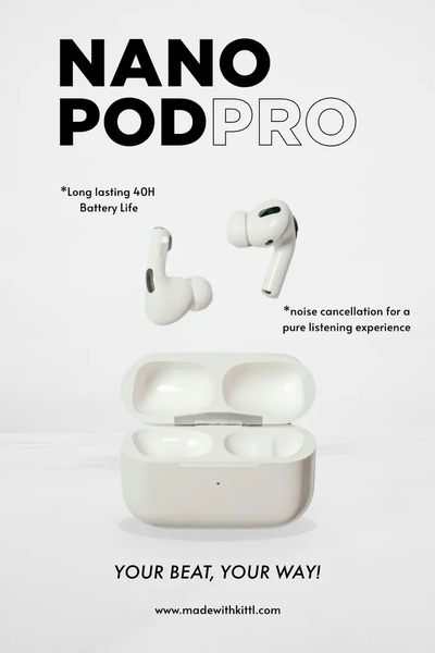 A high-contrast, clean studio shot of wireless earbuds and their charging case, featuring key battery and noise cancellation callouts.