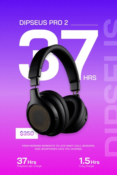 A high-contrast vertical ad creative highlighting key technical specifications like battery life and pricing for premium headphones.