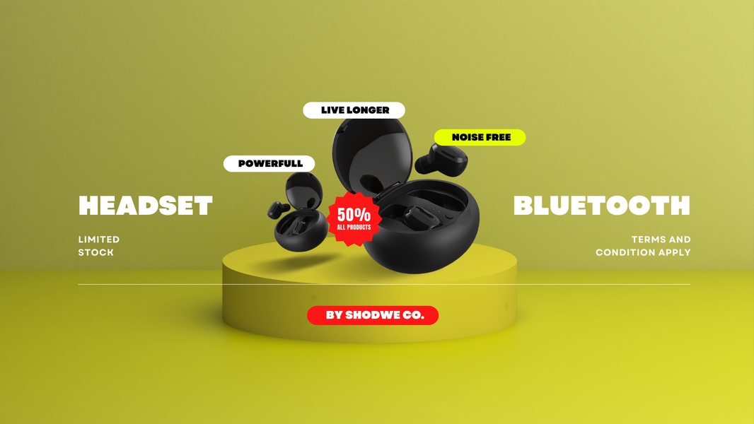 A high-contrast, minimalist studio product shot of black wireless earbuds on a yellow pedestal with floating benefit text.
