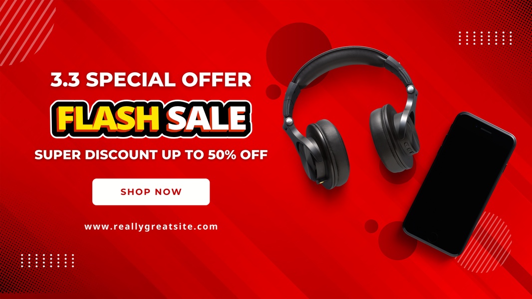A high-contrast 16:9 flash sale graphic featuring headphones, a smartphone, and a bold discount call-to-action.