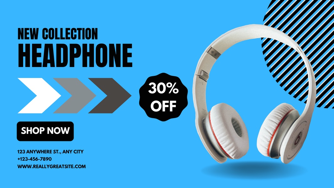 A high-contrast promotional ad featuring a headphone product shot, a bold 30% discount badge, and clear call-to-action elements on a bright blue background.