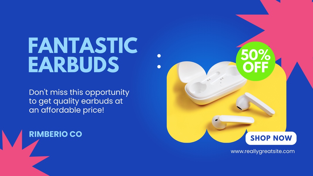 This ad creative uses a high-contrast, direct offer strategy to promote wireless earbuds with a 50% off discount.