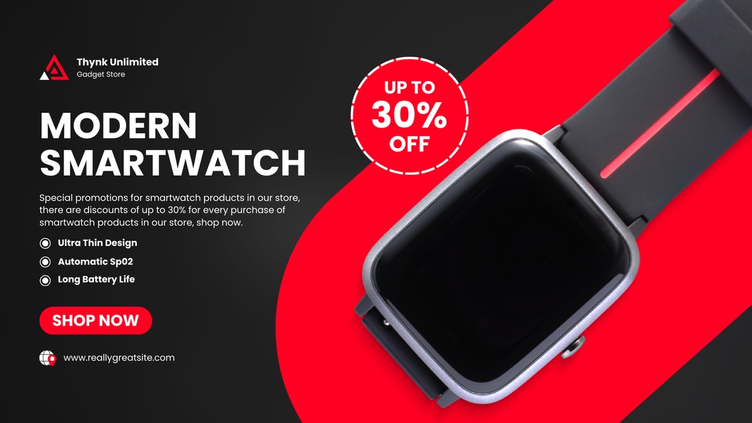 smartwatch, fitness tracker, wearable device, smart watch, activity tracker, sale promotion, modern typography, bold, energetic, red, black
