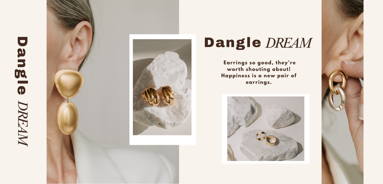 A high-end editorial display featuring gold earrings on stone props and models. This design uses a neutral palette to convey premium value.