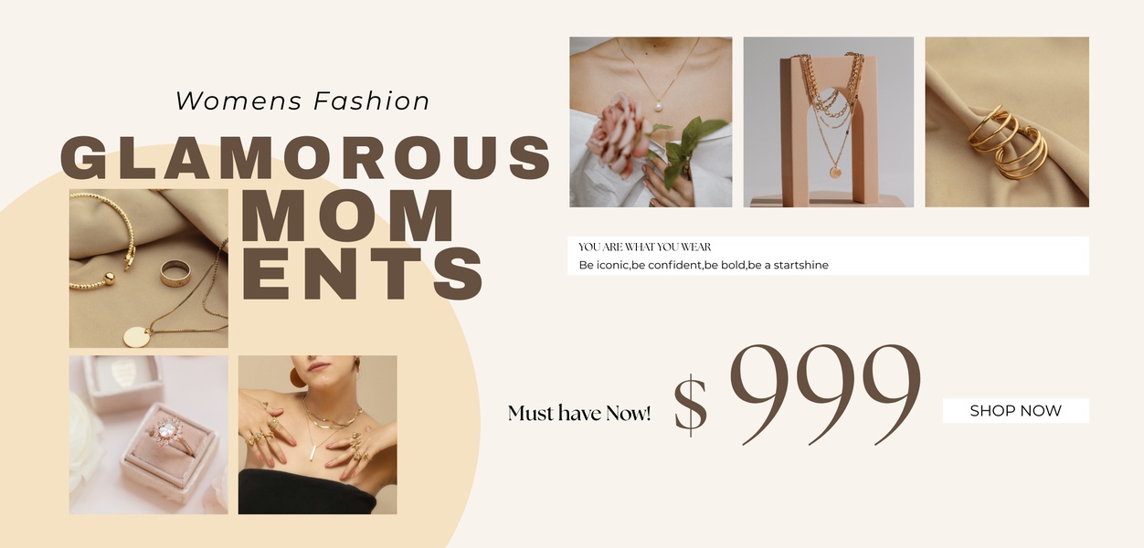 A high-end 16:9 layout showcasing gold-toned jewelry pieces, rings, and layered necklaces on a clean, neutral background with professional studio photography.