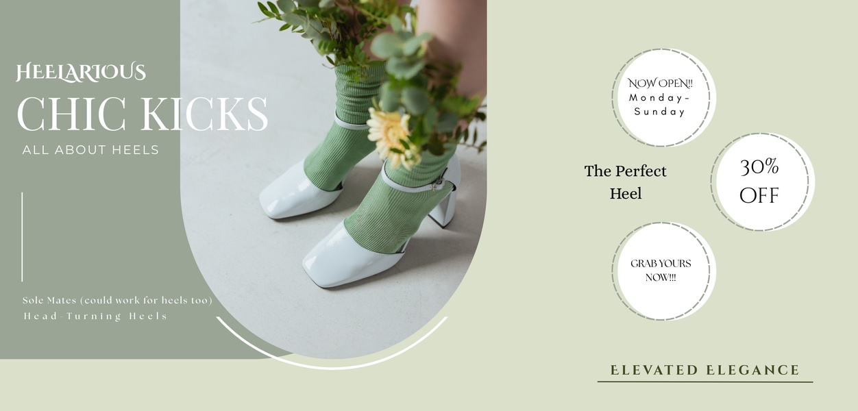 A high-performing static 16:9 ad featuring a pair of white heels paired with green socks, using a soft sage color palette and a clear 30% off discount offer.