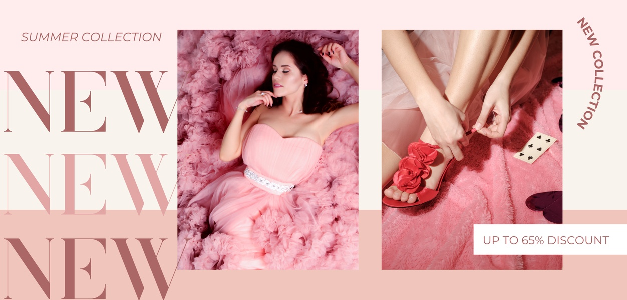 A high-fashion, pink-toned ad for a summer sandal collection featuring elegant photography and a 65% discount offer.