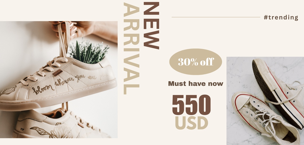 A high-fashion, clean product display ad for casual sneakers using earth-toned color palettes and clear pricing to drive purchase intent.