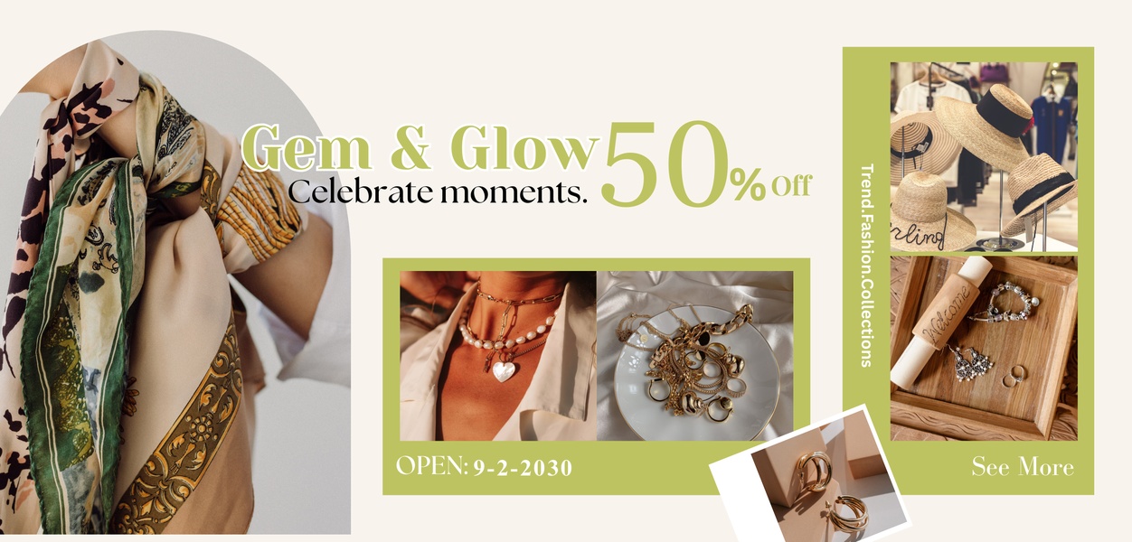 A refined, multi-panel jewelry promotion showcasing a model with a patterned scarf and close-up views of assorted necklaces, rings, and earrings.