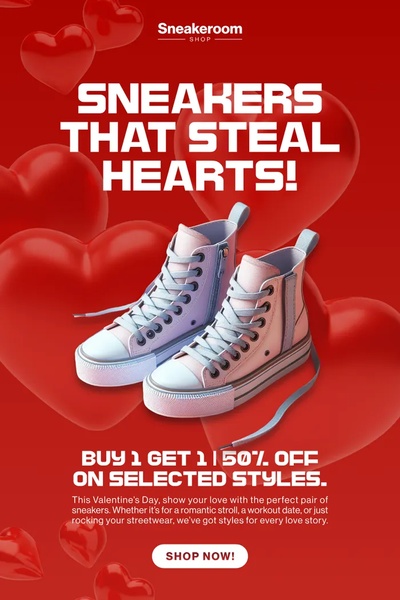 A high-conversion Valentine's Day seasonal promotion featuring a BOGO 50% discount on selected footwear styles.