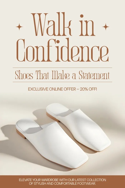 A clean, high-fashion aesthetic ad for women's mules featuring a 20% off promotion to drive quick conversions.