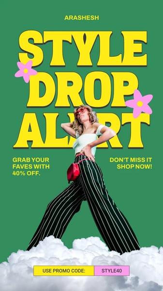 fashion sale, style alert, clothing drop, fashion event, style promotion, sale promotion, modern typography, energetic, playful, green, yellow