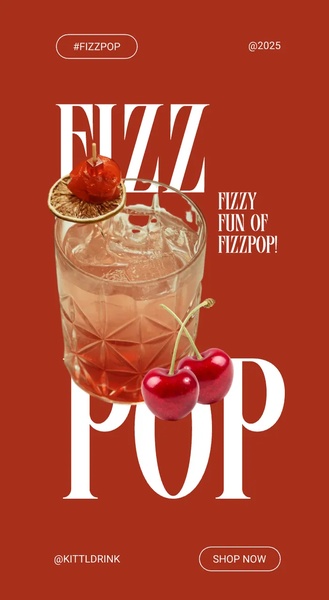 A high-impact social media ad featuring a single craft cocktail glass garnished with a cherry, set against a bold, solid terracotta-red background with minimal typography.