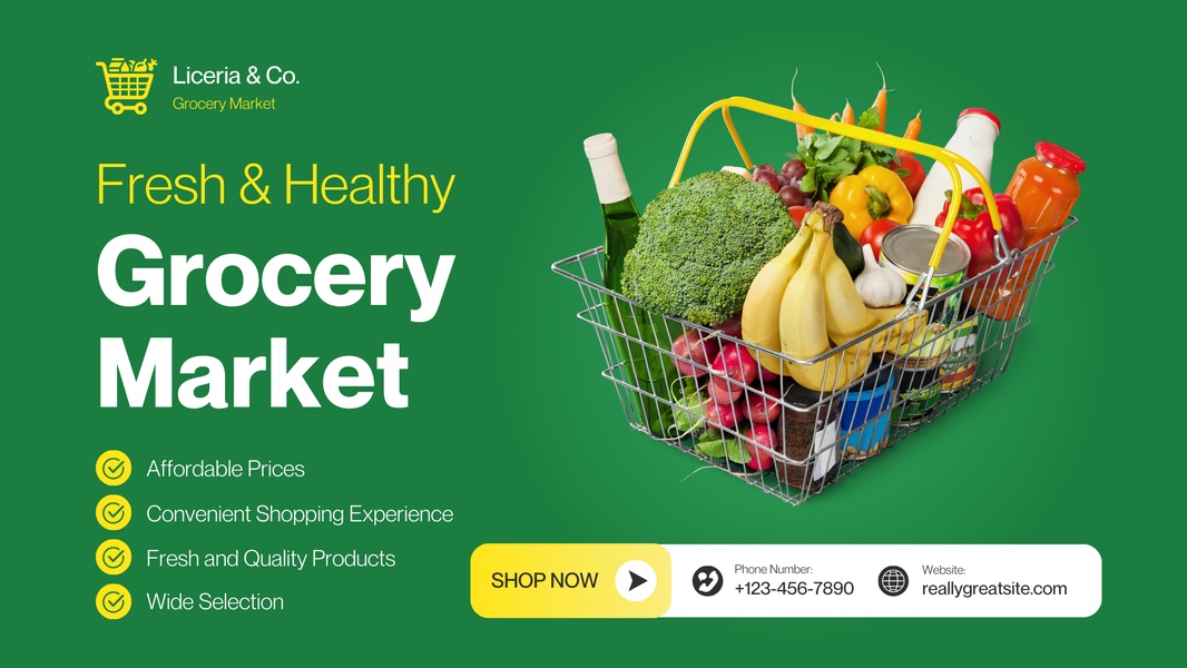 A high-contrast ad creative featuring a wire grocery basket filled with fresh produce, set against a solid dark green background with clear text hierarchy.