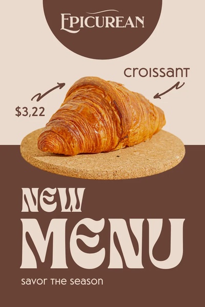 croissant, pastry, bakery item, breakfast pastry, french pastry, new arrival, minimalist, modern typography, warm, luxurious, brown, neutral