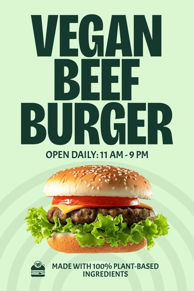 A clean, vertical-format ad creative featuring a high-quality vegan beef burger on a soft green background with bold text.