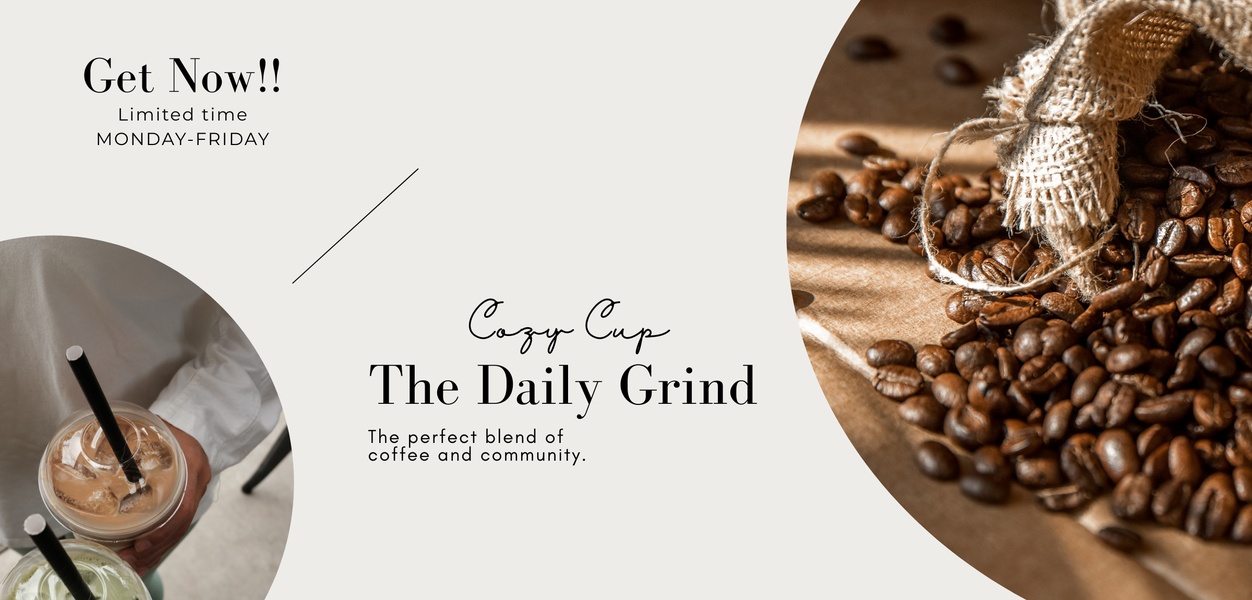 A minimalist advertisement for coffee beans utilizing a warm, neutral color palette, split-layout composition, and elegant serif typography.