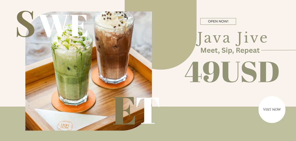A horizontal advertisement featuring two chilled iced drinks on a wooden tray with clean, minimalist typography and a strong price-point call to action.