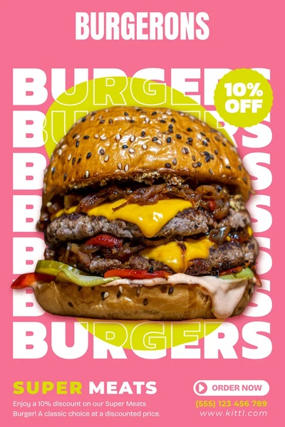 A vertically-oriented promotional ad featuring a high-quality product image of a double cheeseburger, emphasizing a clear 10% discount offer.