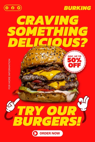 A 9:16 vertical mobile ad featuring a juicy burger, a bold 50% discount offer, and a direct call-to-action button.