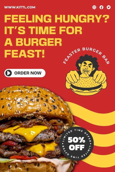 A 9:16 vertical social ad featuring a high-contrast red and yellow color palette with a direct 50% off discount offer.