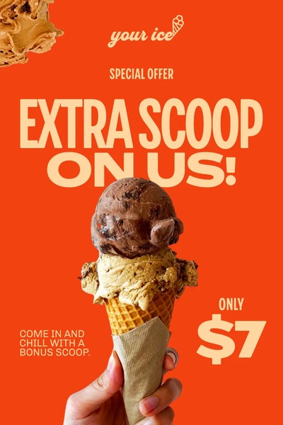 A vibrant 9:16 vertical ad featuring an ice cream cone with a clear value proposition focused on a free bonus scoop.