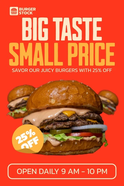 A high-impact 9:16 vertical creative utilizing a bold orange background to highlight a burger offer with a clear discount badge.