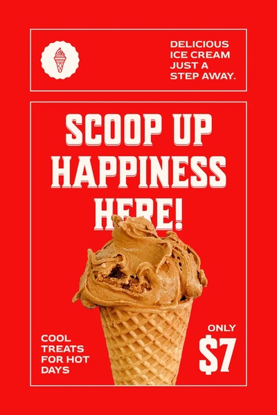 This static ad features a prominent image of ice cream in a waffle cone against a high-contrast red background to highlight a seasonal offer.