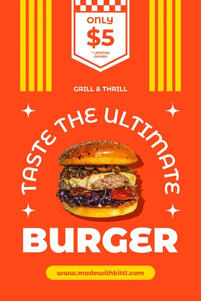 A high-contrast vertical ad featuring a gourmet burger center-stage, emphasizing a clear $5 price-point offer for mobile-first audiences.