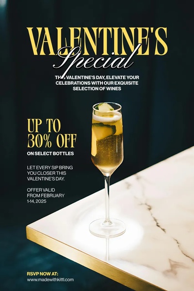 A high-end, minimalist advertisement promoting a holiday discount on selected wine bottles using a clean table-top product shot.