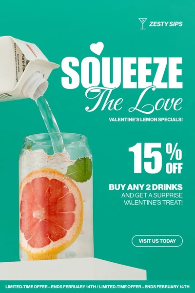 A vibrant 9:16 vertical social ad featuring lemonade being poured into a glass with a citrus slice, promoting a Valentine's Day beverage discount.