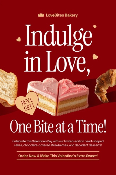 valentine cakes, heart shaped cakes, valentine desserts, romantic cakes, holiday cakes, special occasion cakes, bakery cakes, limited time deal, product launch, modern typography, warm, luxurious, red, gold, valentine's day