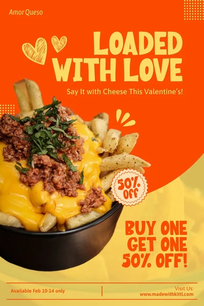 A festive, high-contrast promotional ad for loaded cheese fries featuring a 50% off BOGO offer for Valentine's Day.