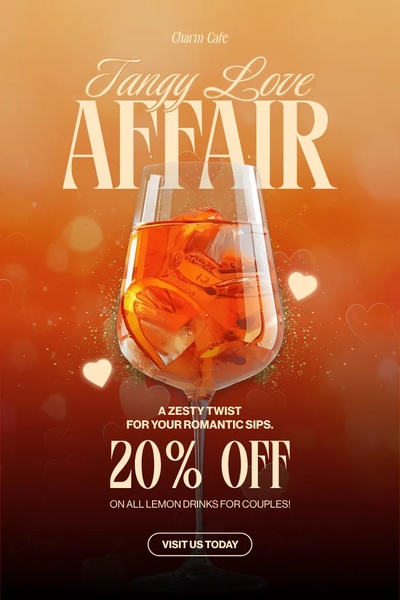 A vertically-oriented promotional graphic for a lemon-based alcoholic beverage, featuring a romantic design with hearts and a clear discount incentive.