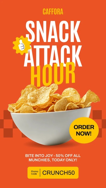 A vertical-format ad creative featuring a bowl of potato chips with bold typography and a clear, time-sensitive 50% off discount offer.